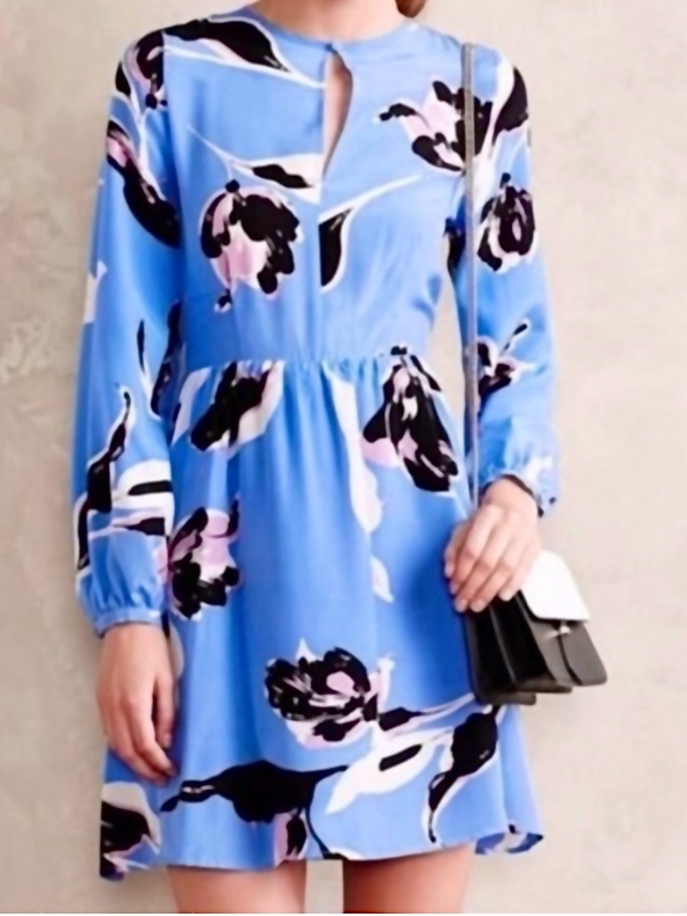 Yumi Kim Blue Floral 100% Silk Long Sleeve Mini Dress Size Medium